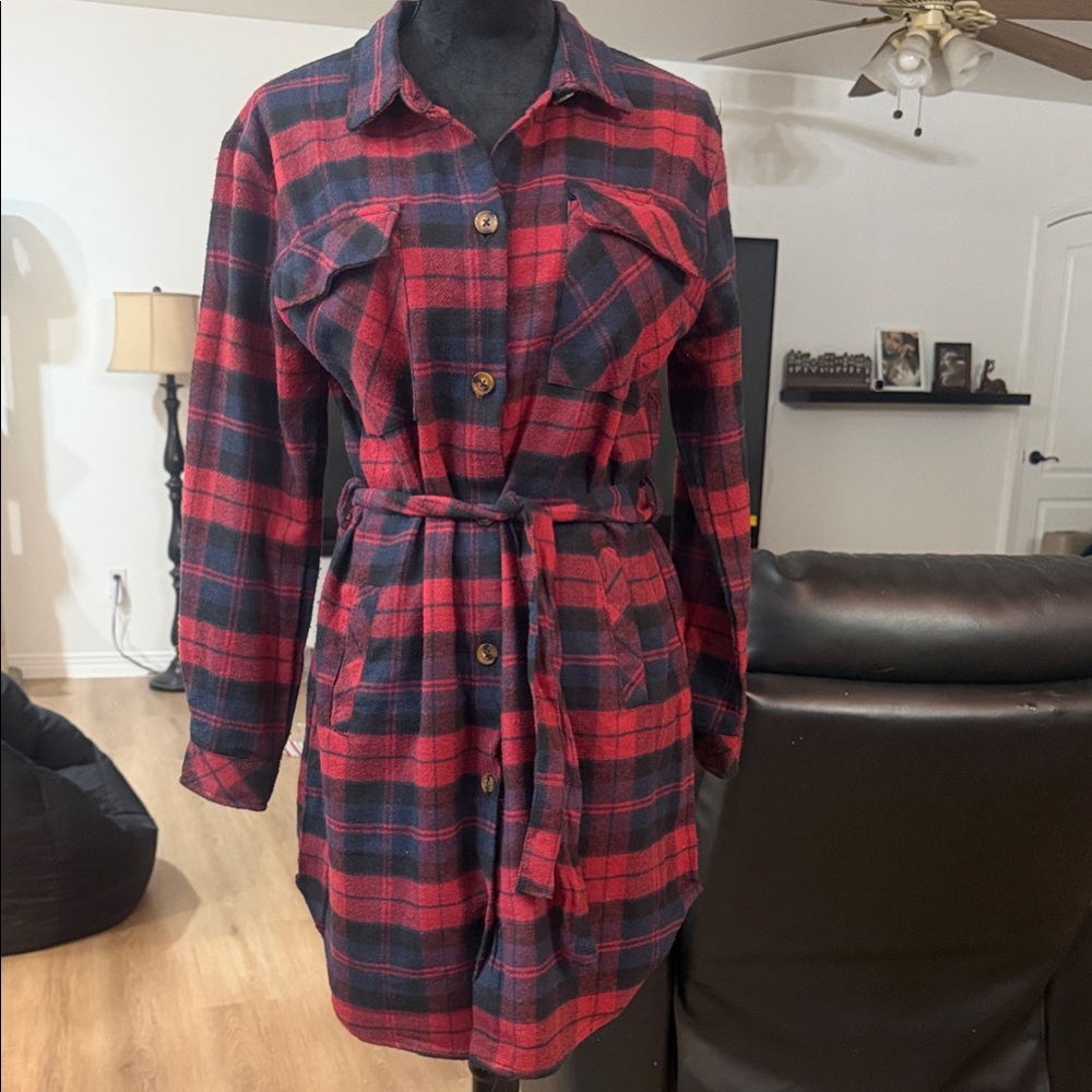 Red and Black Plaid Shirt Dress